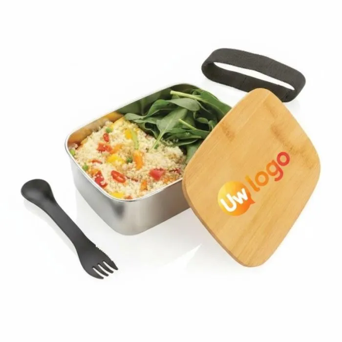 Gepersonaliseerde lunchbox van staal met bamboe deksel en kookpotje