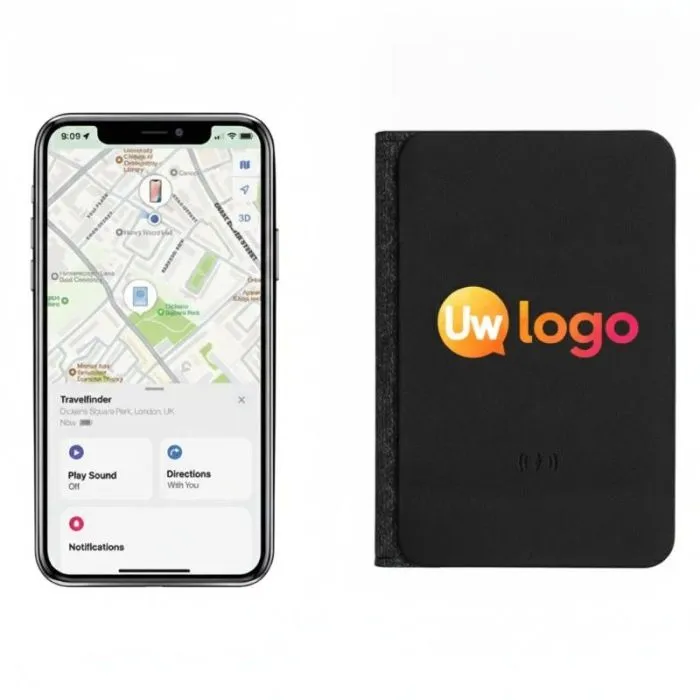 Gepersonaliseerde, slimme paspoorthouder Trackmate van gerecycled polyester met Apple-locatiefunctie