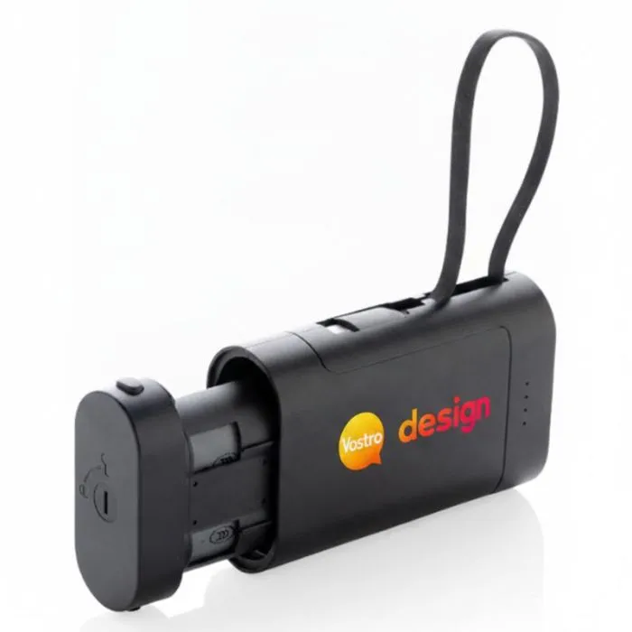 Batteria di riserva ricaricabile personalizzata con cavo integrato e design riciclabile