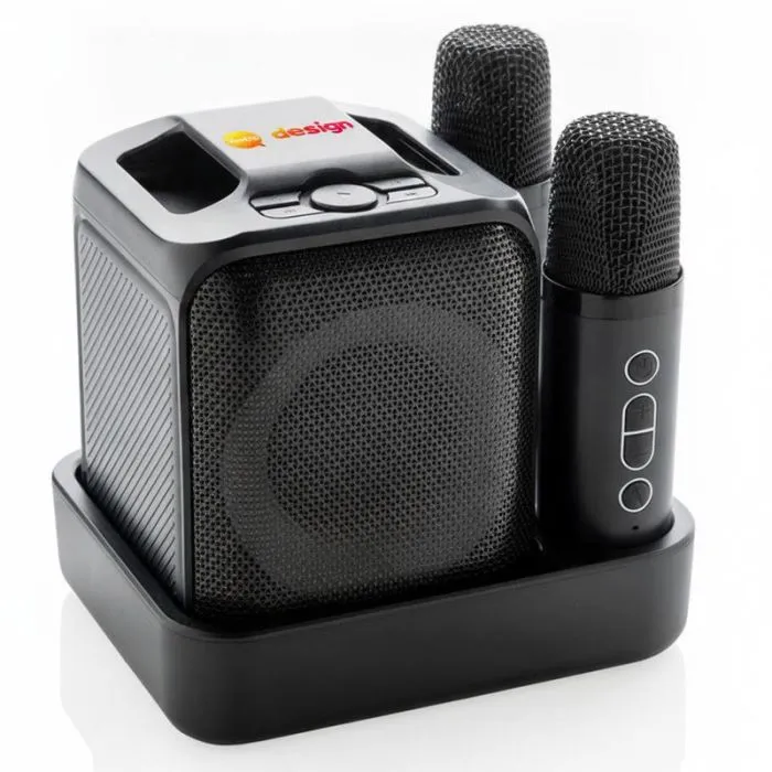Set karaoke personalizzato con 2 microfoni e altoparlante da 5 W in ABS riciclato