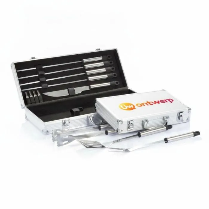 Reclameset van 12 stuks voor de barbecue in een aluminium koffer
