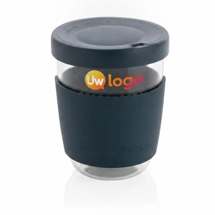 Reclamebeker van 360 ml met deksel en siliconen hoes