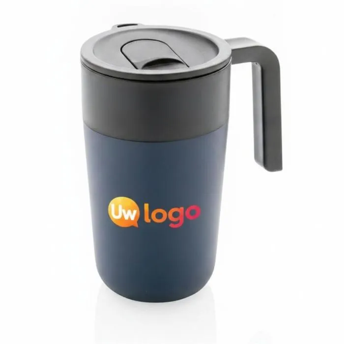 Promotiemok van roestvrij staal en GRS-gecertificeerd gerecycled PP met handvat, 480 ml