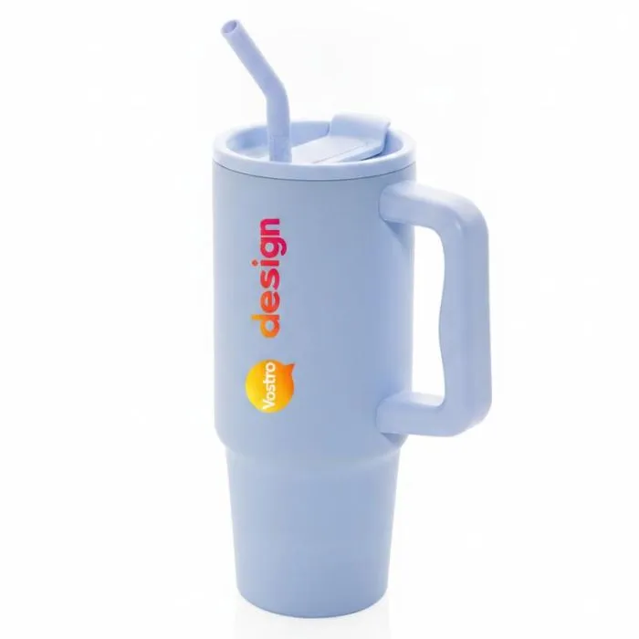 Tazza termica personalizzata da 900 ml in acciaio riciclato con cannuccia e coperchio
