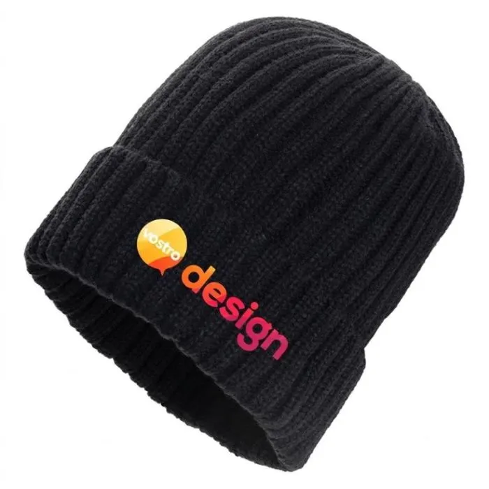 Cappellino Pryor personalizzato in poliestere riciclato con risvolto e lavorazione a costine strette