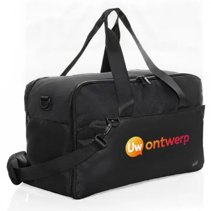 Gepersonaliseerde Swiss Peak-weekendtas met vak voor een 15,6-inch laptop, gemaakt van rPET
