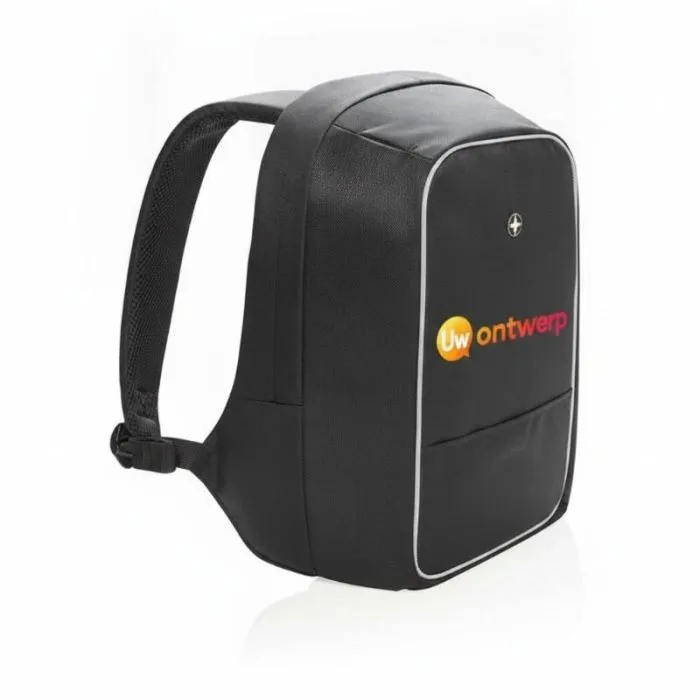 Anti-diefstal-rugzak met reclame voor een 15,6-inch laptop van Swiss Peak AWARE™