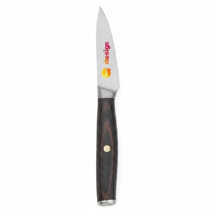 Coltello pelapatate Tara personalizzato in acciaio inossidabile riciclato RCS e legno di pakka