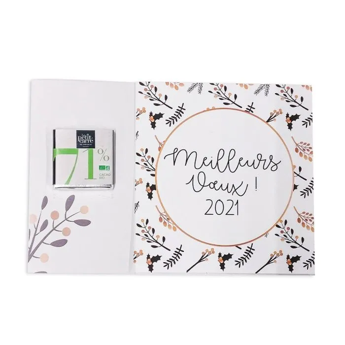 Carte de voeux publicitaire pré-décoré avec carré de chocolat noir 71% BIO ®Le Petit Carré.