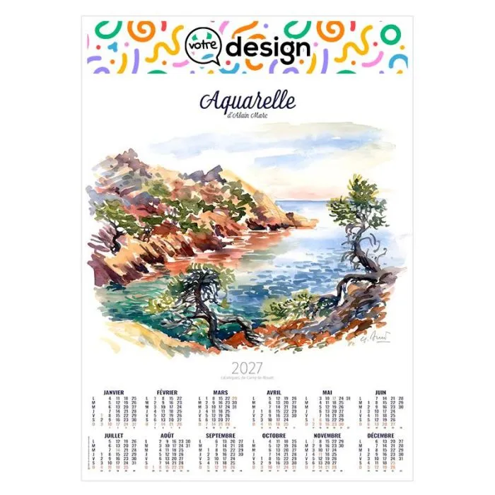Poster illustré personnalisable avec calendrier 12 mois - aquarelle