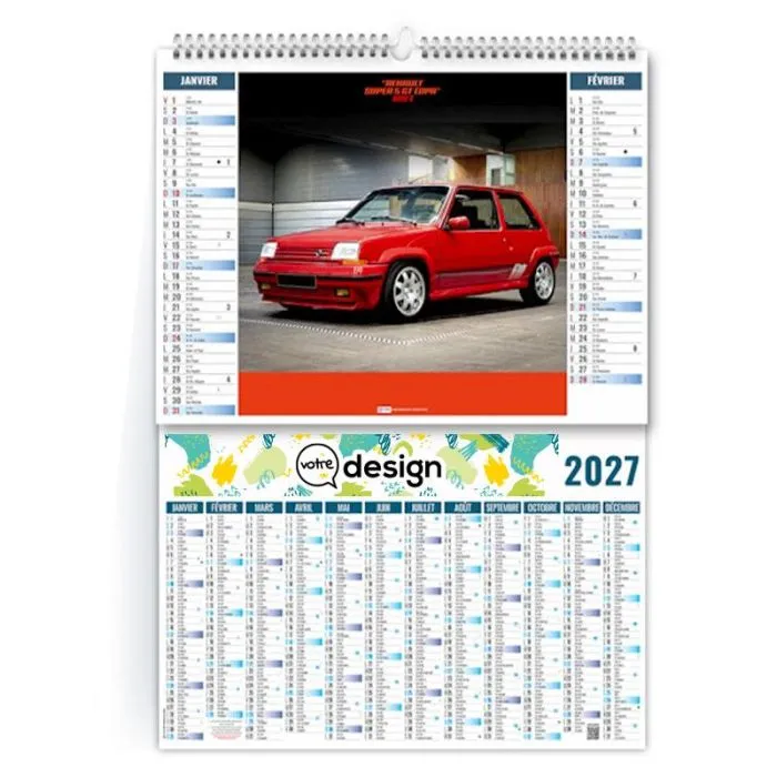 Calendrier spirale 6 feuillets personnalisable 12 mois - Voiture