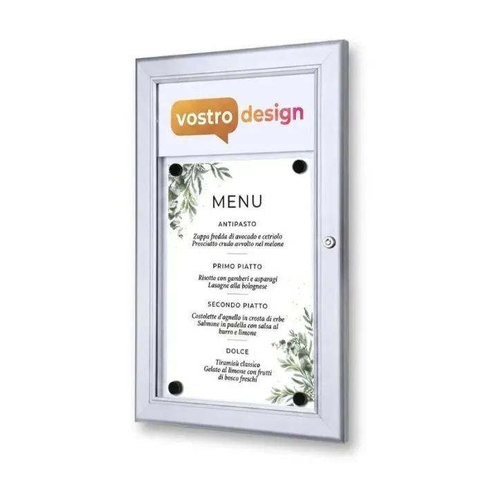 Vetrina esterna per il menu con pannello con logo