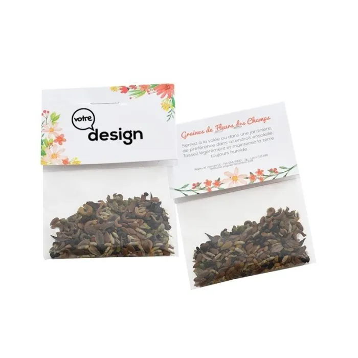 Sachet de graines transparent avec cavalier publicitaire