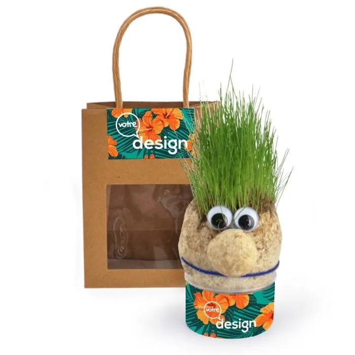 Tête en herbe publicitaire dans sac kraft