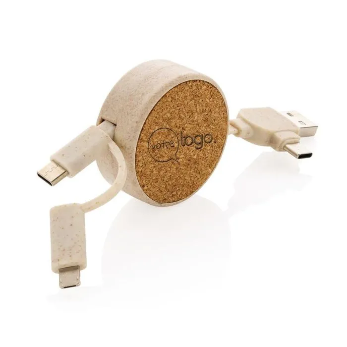 Câble rétractable personnalisé 6 en 1 en liège et fibre de paille