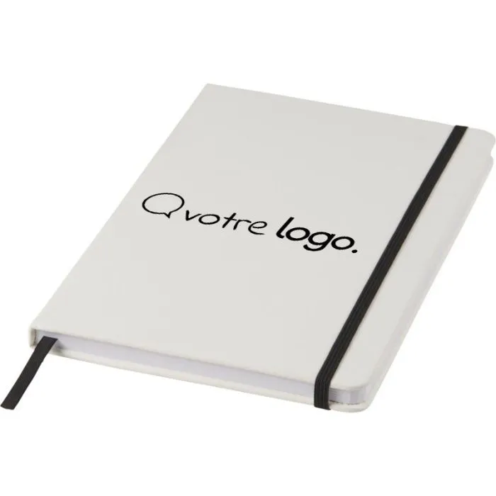 Carnet de notes blanc A5 Spectrum avec élastique de couleur publicitaire