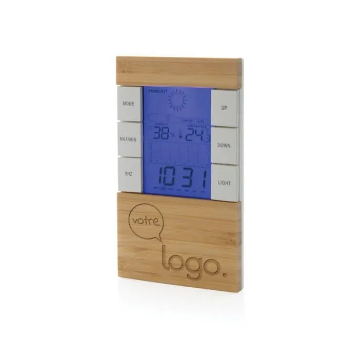 Station météo personnalisée en bambou FSC® et plastique recyclé RCS Utah