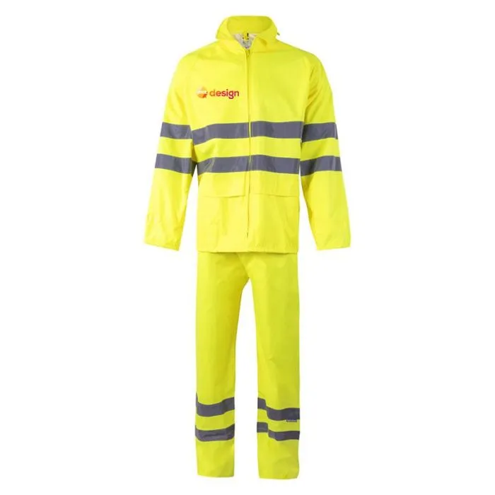 Ensemble de pluie personnalisé haute visibilité avec bandes réfléchissantes et capuche intégrée