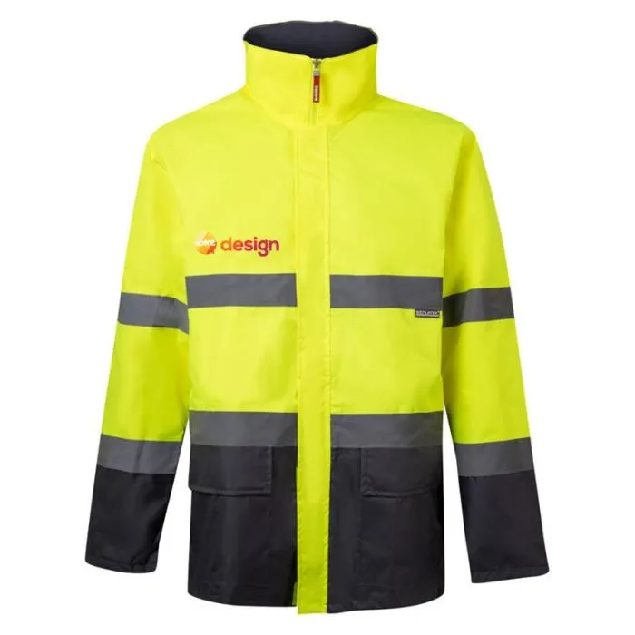 Parka personnalisée bicolore imperméable avec bandes réfléchissantes et capuche intégrée