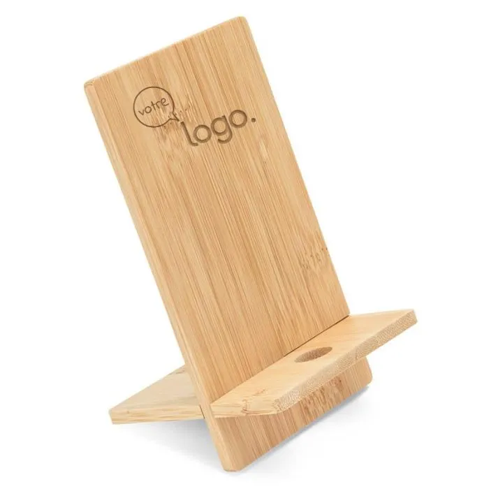 Support de téléphone portable personnalisé en bambou avec passage pour câble