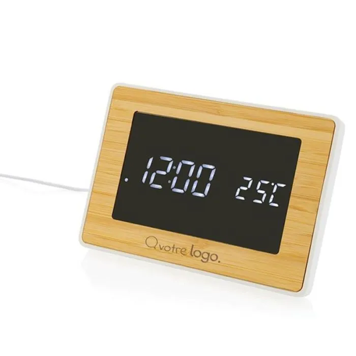 Station météo publicitaire LED en bambou FSC® et plastique RCS Utah